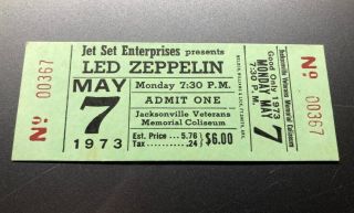 Led Zeppelin Concert Ticket Stub May 7,  1973 Jacksonville Florida
