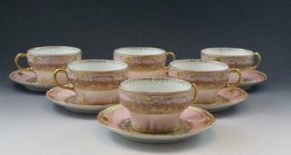 C1900 Ch.  Field Haviland Limoges Porcelain 6 Teacups & Saucers Pink & Gold