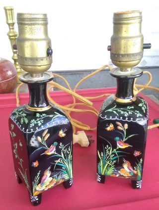 Rare Pair Moser Chinoiserie Black Glass Hand Painted Enamel Floral C1890 Lamps