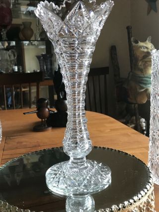 American Brilliant Cut Glass Signed Hawkes 11 And 1/2 Inch Footed Vase.