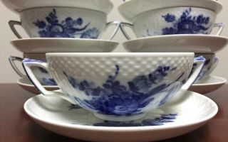 Set Of 6 Royal Copenhagen Blue Flowers Cream Soup Bowls & Saucers 1872 2nds