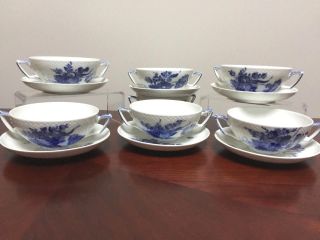 Set of 6 Royal Copenhagen Blue Flowers Cream Soup Bowls & Saucers 1872 2nds 2