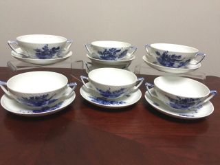 Set of 6 Royal Copenhagen Blue Flowers Cream Soup Bowls & Saucers 1872 2nds 3