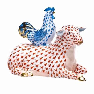 Herend,  Resting Sheep With Rooster Figurine,  Rust W/blue Fishnet,  Flawless,  $645