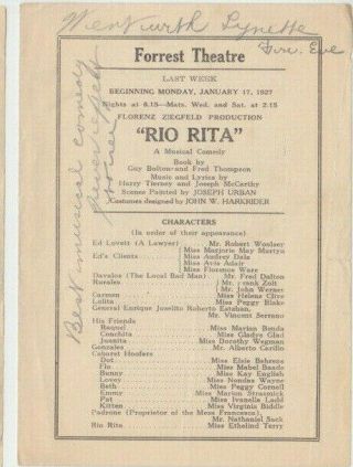 1927 Playbill Forrest Theatre 1st Show Rio Rita