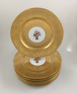 1920s Heinrich & Co Set 8 Dinner Plate Gold Encrusted Floral Center