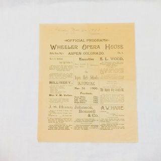 Antique Wheeler Opera House Aspen Colorado Playbill 1900 Aspen High School W Ads