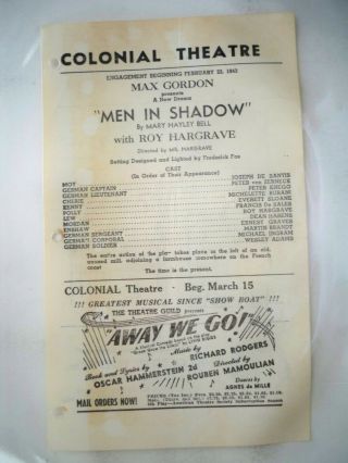 Men In Shadow Playbill Roy Hargrave / Away We Go Ad Tryout Boston 1943