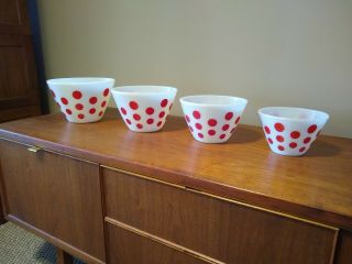 Vintage Fire King Red Dot 4 - Piece Mixing Bowl Set Anchor Hocking Red Polka Dots