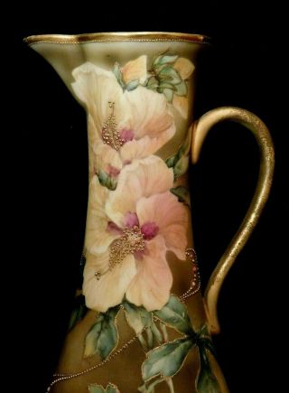 Large 10 " Tall Nippon Pitcher W Fabulous Hand Painted Flowers & Applied Beading