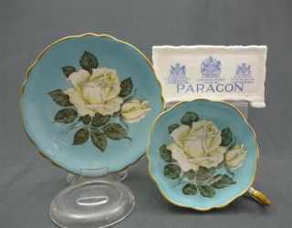 Wide Hand Painted Paragon England Bone China White Rose Tea Cup & Saucer Duo
