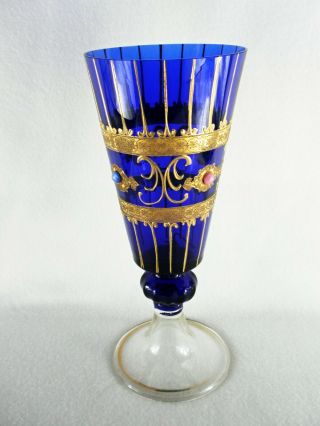 Rare 19th C BACCARAT Glass Sapphire Blue Pedestal Vase w/ Gold Hand Painting 10