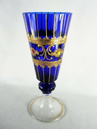 Rare 19th C BACCARAT Glass Sapphire Blue Pedestal Vase w/ Gold Hand Painting 11