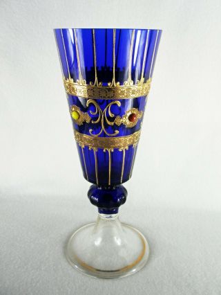 Rare 19th C BACCARAT Glass Sapphire Blue Pedestal Vase w/ Gold Hand Painting 12