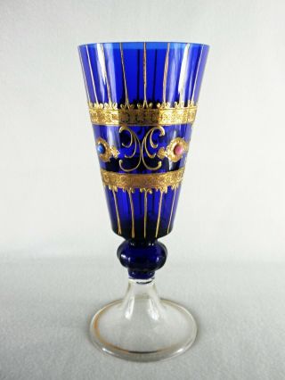 Rare 19th C Baccarat Glass Sapphire Blue Pedestal Vase W/ Gold Hand Painting