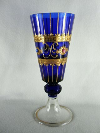 Rare 19th C BACCARAT Glass Sapphire Blue Pedestal Vase w/ Gold Hand Painting 2