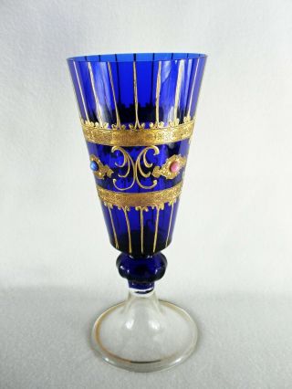 Rare 19th C BACCARAT Glass Sapphire Blue Pedestal Vase w/ Gold Hand Painting 3