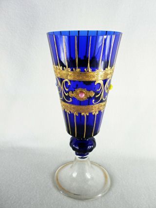 Rare 19th C BACCARAT Glass Sapphire Blue Pedestal Vase w/ Gold Hand Painting 4
