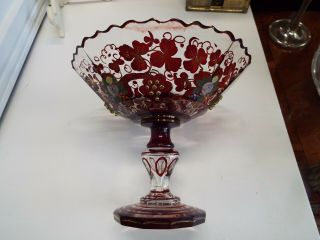 Large 19th C.  Moser Bohemian Ruby Stained Enamel Floral & Grapes Glass Compote