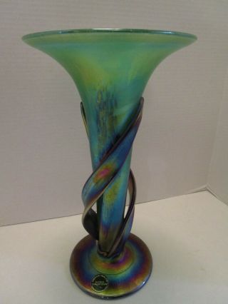Vtg Czech Art Glass Vase 12 ¾” Igor Muller Signed Hand Blown Iridescent Fusion