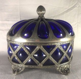 Victorian Large Cobalt Blue Blown Glass And Silver Plate Lidded Box Rare