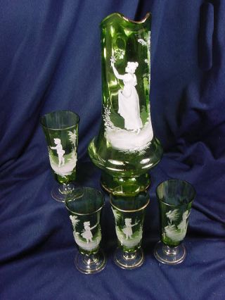 Victorian Mary Gregory 14 - 1/2 " Tall Emerald Green Lemondade Pitcher & 4 Glasses