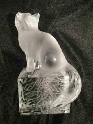 Lalique France Frosted Crystal Glass Cat Figurine On Pedestal 11676