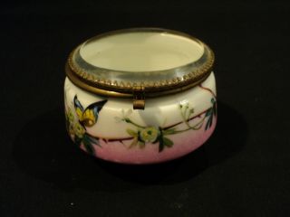 Victorian Era Hand Enameled Porcelain & Glass Dresser Box W/ Butterflies C.  1880