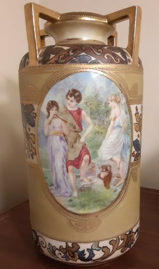 Large Antique Hand Painted Nippon Porcelain Urn Vase With Nude And Gold Moriage