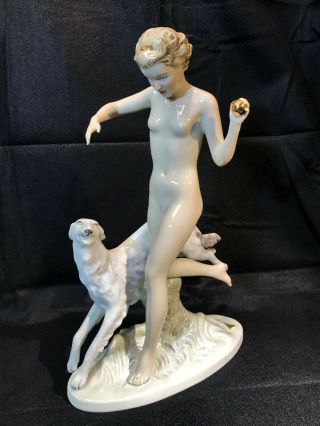 Royal Dux Bohemia Diana The Huntress With Borzoi Dog Porcelain Nude Statue