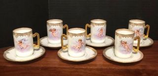 Set Of 6 Antique Limoges Chocolate Cups & Saucers D & Co Hand Enamel Cupids Exc.