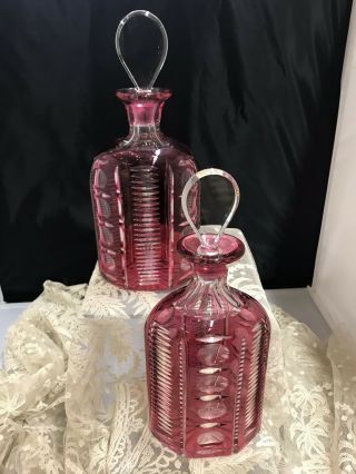 Vintage Cranberry Red Cut To Clear Crystal Decanters Set 2