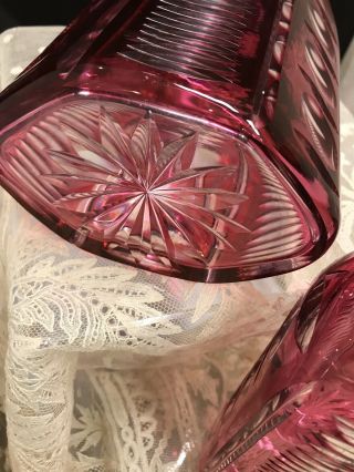 VINTAGE Cranberry Red Cut to Clear Crystal Decanters Set 2 4