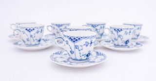8 Cups & Saucers 719 - Blue Fluted Royal Copenhagen - Half Lace - 1:st Quality