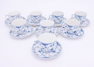 8 Cups & Saucers 719 - Blue Fluted Royal Copenhagen - Half Lace - 1:st Quality 2