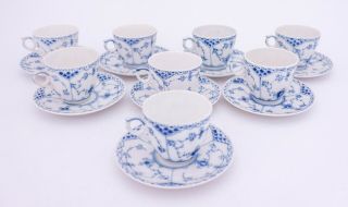 8 Cups & Saucers 719 - Blue Fluted Royal Copenhagen - Half Lace - 1:st Quality 4