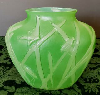 Antique Consolidated Glass Very Rare Satin Green Grass Hopper & Leaves Vase