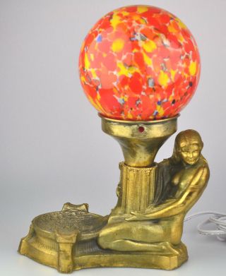 Antique Art Deco Nude Figural Lamp Czech Glass End Of Day Globe Shade Rewired