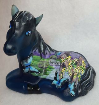 Fenton Art Glass Indigo Blue Foal Colt Horse Scene Ooak By Cc Hardman
