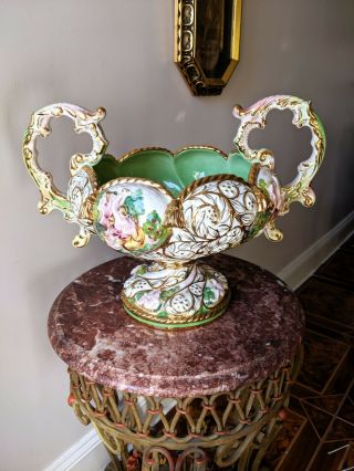 Large Italian Porcelain Centerpiece Capodimonte Style Gold Gilt Urn