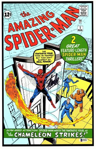 Stan Lee Signed Marvel Spider - Man Fantastic Four 11x17 Print Beckett Bas F10268