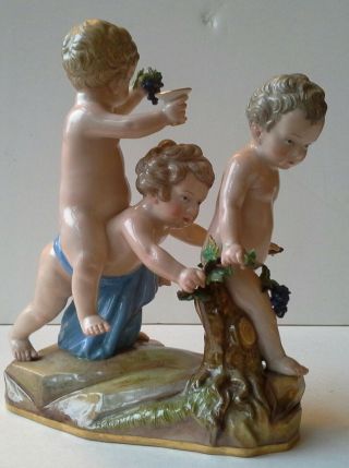 Antique Meissen Porcelain Figurine Group,  Cherubs In The Vineyard.