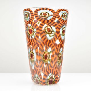 Large Vintage Formentello Murano Art Glass Vase Orange Murrine Signed