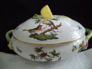 Herend Rothschild Bird Painted China Round Cov Veg Bowl W Lid Hungary Butterfly