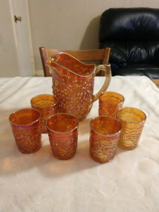 Vintage Orange Carnival Glass Pitcher And 6 Tumbler Glasses