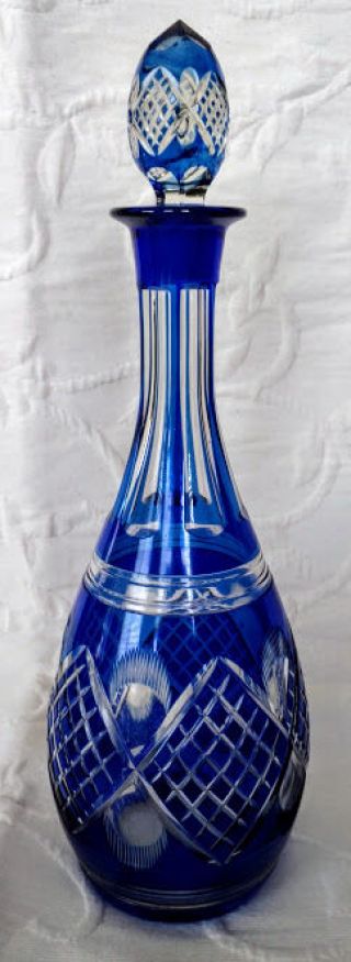 Egermann Cobalt Cut To Clear,  Etched Decanter Heavy,  1930 