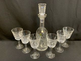 Waterford " Lismore " Ireland Irish Crystal Decanter & 6 Claret Wine Glasses