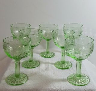 Depression Glass Cameo Ballerina Green Rare Set Of 7 Cordial Wine Goblets