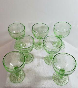 Depression Glass Cameo Ballerina Green RARE Set of 7 Cordial Wine Goblets 2