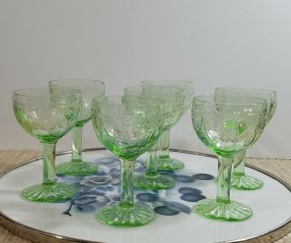 Depression Glass Cameo Ballerina Green RARE Set of 7 Cordial Wine Goblets 5